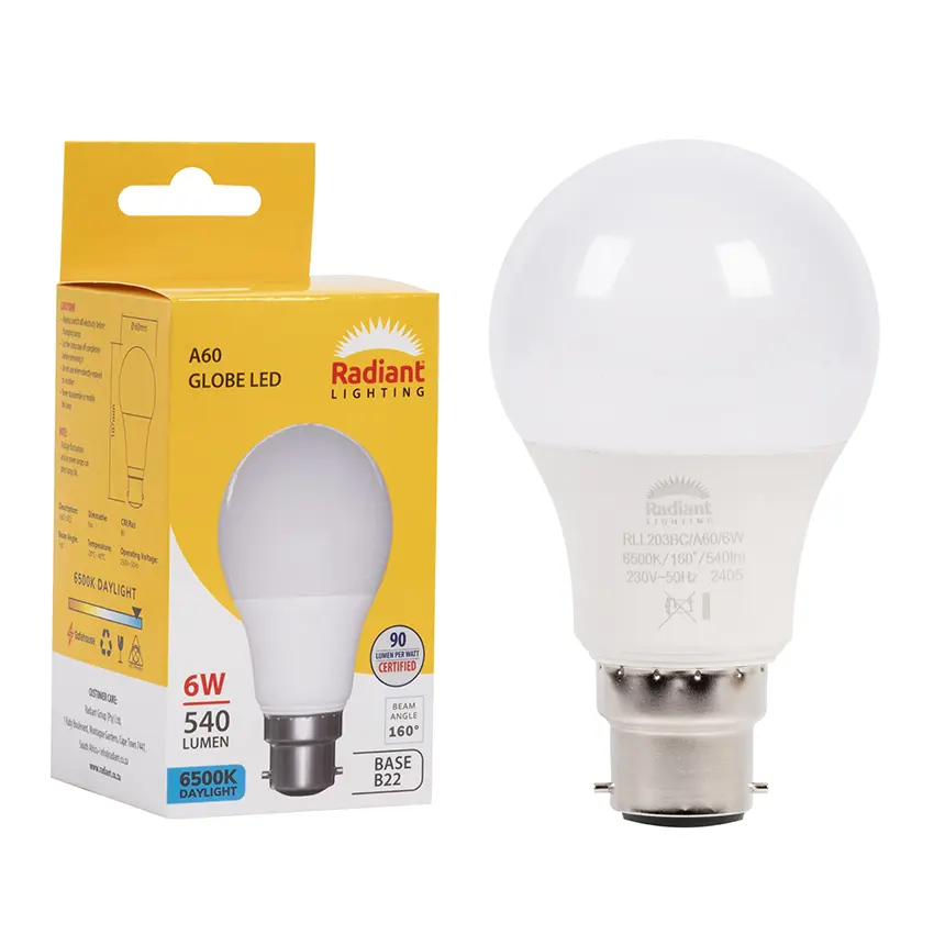 RADIANT LED A60 6W B22 6500K