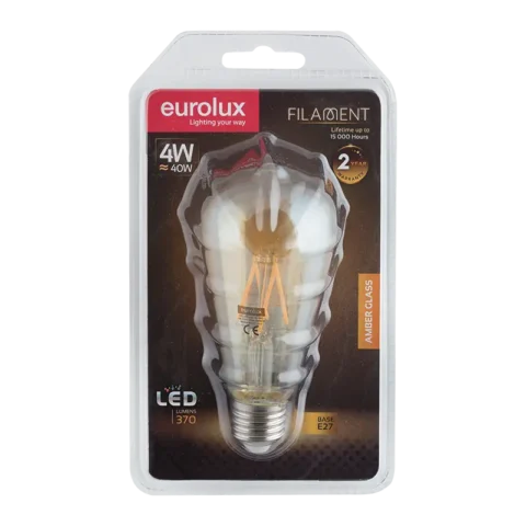 EUROLUX 4W LED Amber Filament Pear Shape Globe E27 Warm White