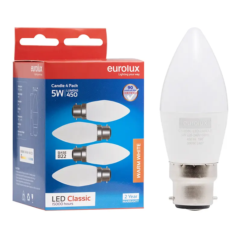 EUROLUX 5W LED Candle Globe B22 3000K 4 Pack