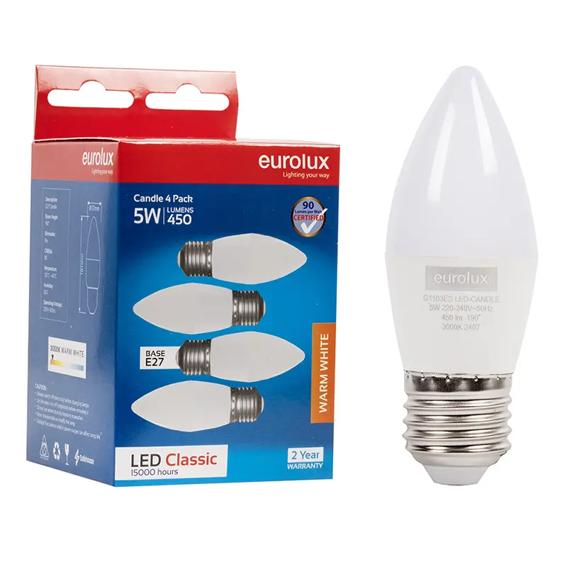 EUROLUX 5W LED Candle Globe E27 3000K 4 Pack