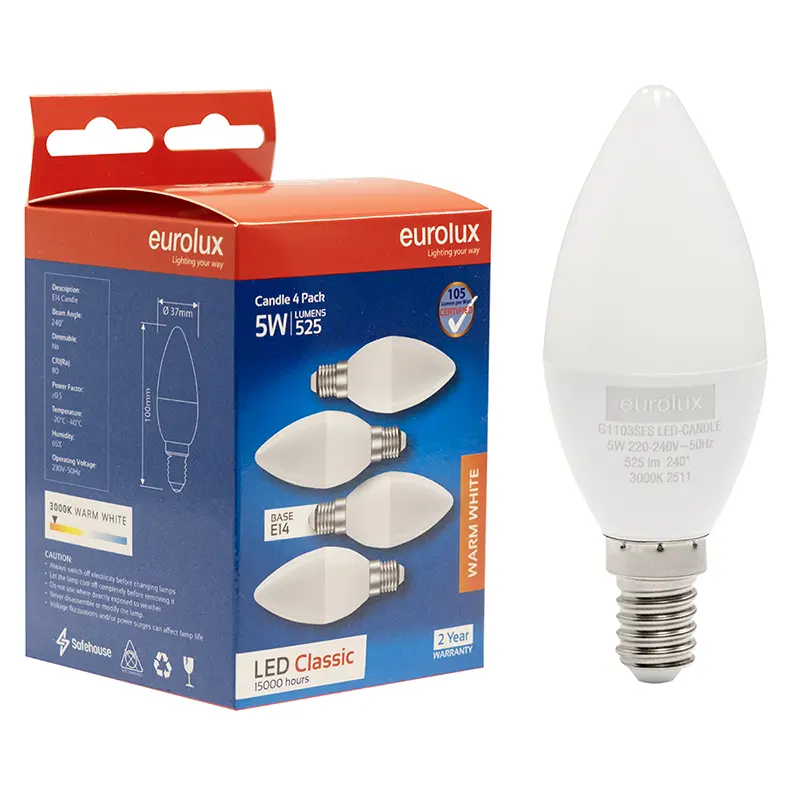 EUROLUX 5W LED Candle Globe E14 3000K 4 Pack