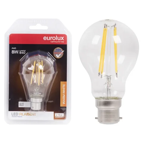 EUROLUX A60 LED Filament Globe 8W B22 3000K